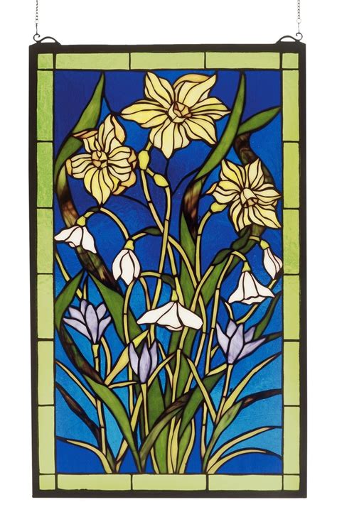 Description Meyda Tiffany S Spring Bouquet Window Features Sunyellow Daffodils And Winter Whi