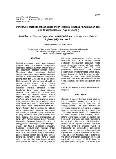 Pengaruh Pemberian Macam Biochar Dan Pupuk N Terhadap Pertumbuhan Dan Hasil Tanaman Kedelai