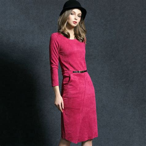 2016 New Spring Winter Red Suede Leather Long Sleeve Women Dress