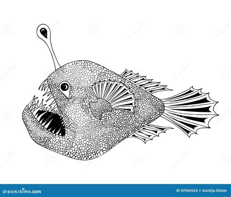 Stylized Anglerfish Drawing In Black And White Royalty Free Cartoon