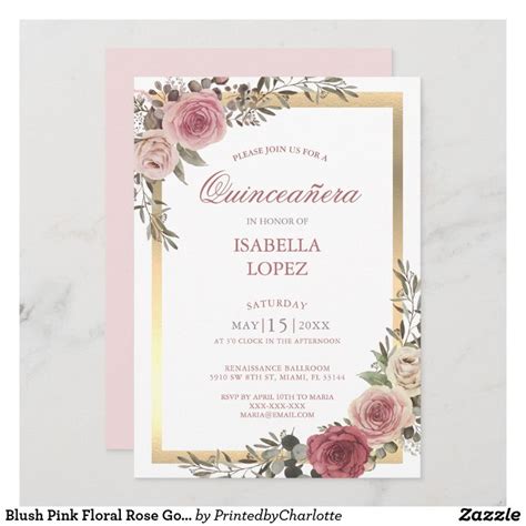 Blush Pink Floral Rose Gold Quinceañera Invitation Zazzle Gold