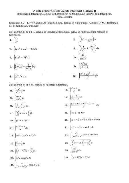 3ª Lista De Exercícios De Cálculo Diferencial E Integral Ii Introdução