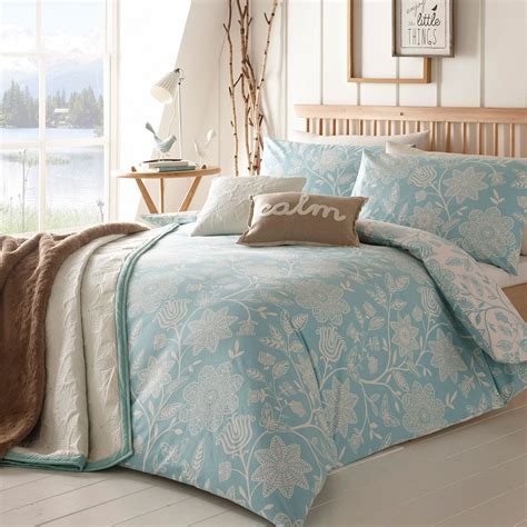 Home Collection Light Blue Folk Floral Brushed Cotton Bedding Set At