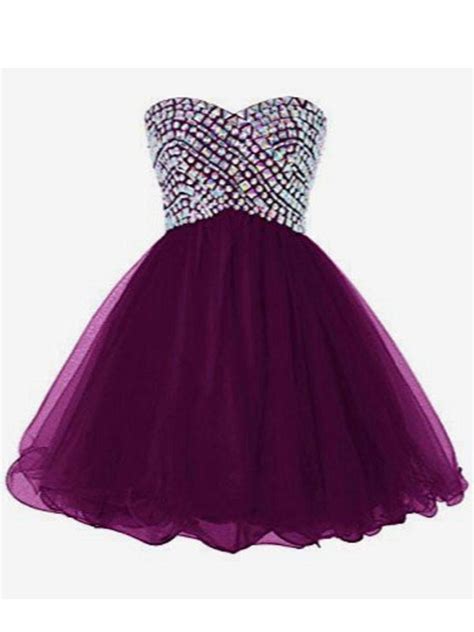 Rhinestone Beaded Bodice Purple Tulle Skirt Strapless Hoco Dresses