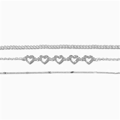 Silver Tone Crystal Heart Choker Necklaces 3 Pack Claires Us