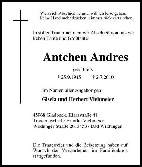 Traueranzeigen Von Antchen Andres Trauer In NRW De