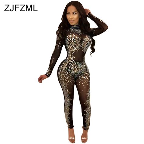 Sparkly Rhinestones Sexy Party Jumpsuit Women Mesh Patchwork See