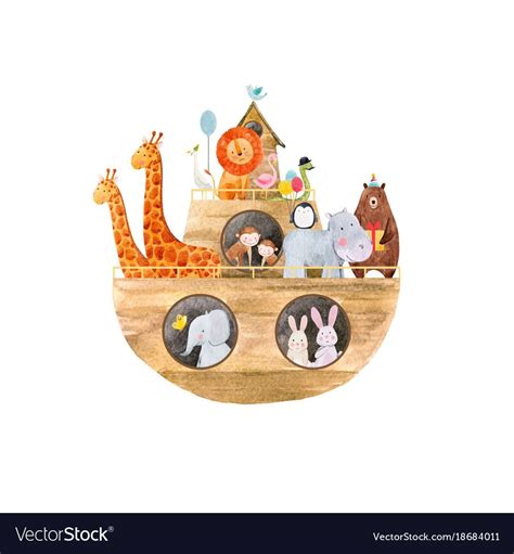 Beautiful Baby Vector Illustration With Watercolor Noah Ark With Cute