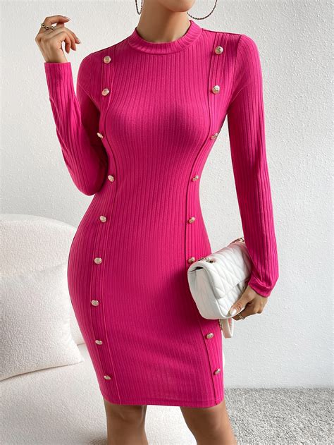 SHEIN Essnce Button Detail Ribbed Knit Bodycon Dress | SHEIN USA