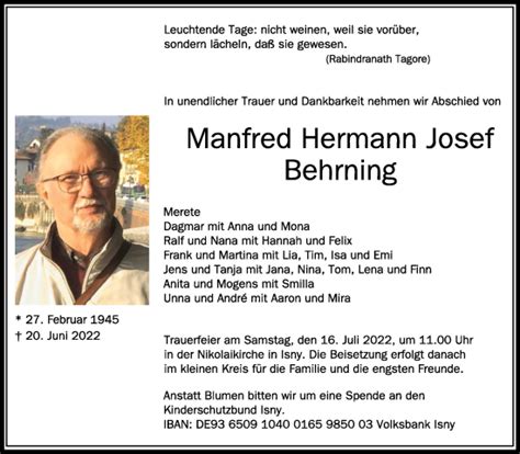 Traueranzeigen Von Manfred Hermann Josef Behrning Schwaebische De