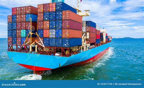 Aerial View Container Ship Carrying Container In Import Export Business