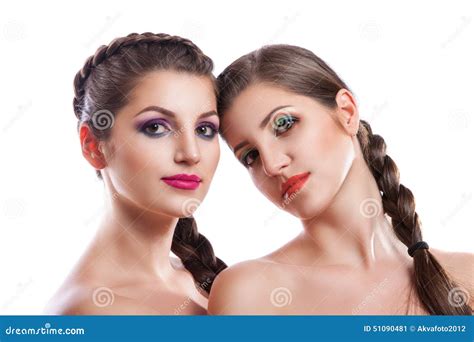 Close Up Beauty Portrait Of Two Beautiful Young Women Stock Image