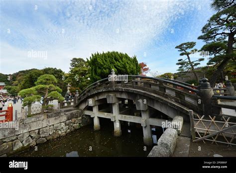 The iconic Arched stone bridge at the Tsurugaoka Hachimangū Shrine in