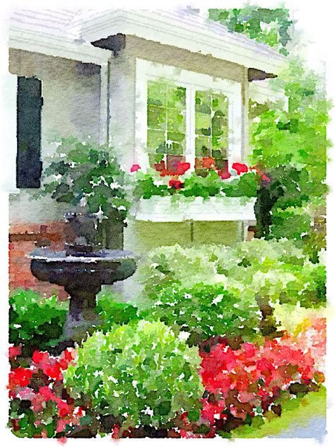 a watercolor painting of a house with flowers in the front yard and a ...