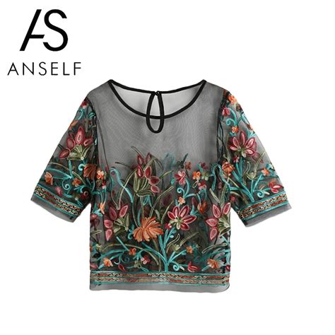 ANSELF Sexy Bluse Shirt Frauen Sehen Durch Tops Transparent Mesh Floral