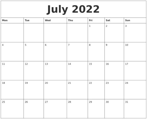 July 2022 Calendar