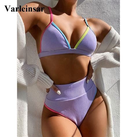 Colors Ribbed High Waist Bikini Female Swimsuit Women Swimwear Two