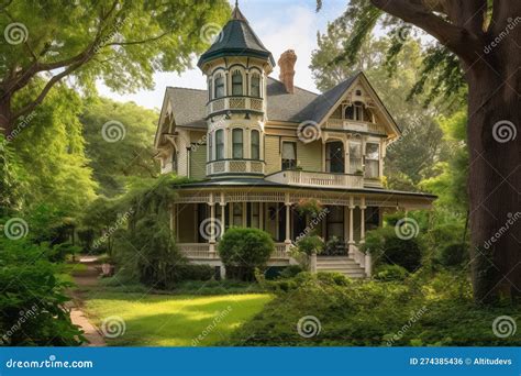 Victorian House with Wrap-around Porch, Surrounded by Lush Greenery ...