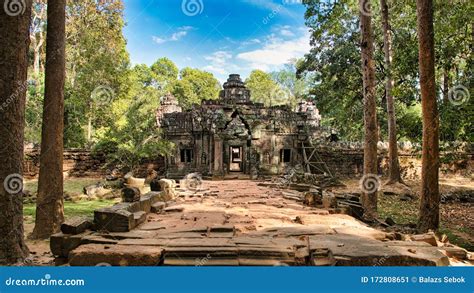 Preah Khan Temple Site Among The Ancient Ruins Of Angkor Wat Hindu