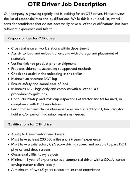 Otr Driver Job Description Velvet Jobs