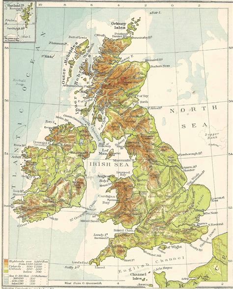 British Isles Physical Map 1910s Travel Adventure Maps For Home Decor