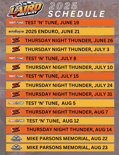 Laird - The 2025 race schedule for Laird Raceway’s short track season