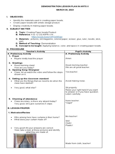 Demonstration Lesson Plan In Arts V Final Unduh Gratis Pdf Teachers