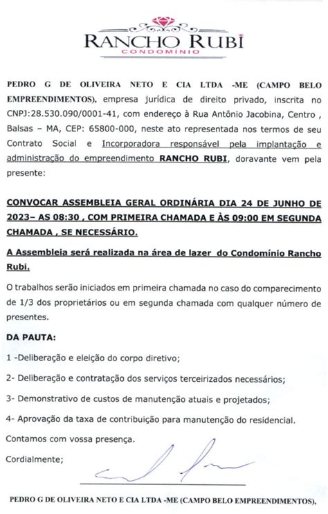 Edital de Convocação Assembleia Geral Ordinária RANCHO RUBI CONDOMÍNIO