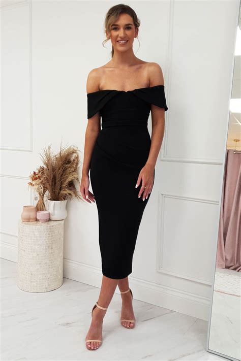 Melinda Off The Shoulder Bodycon Midi Dress Black