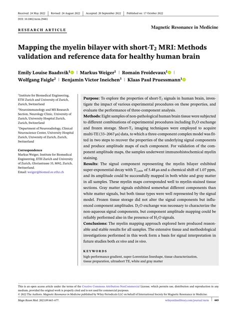 PDF Mapping The Myelin Bilayer With Short T2 MRI Methods Validation