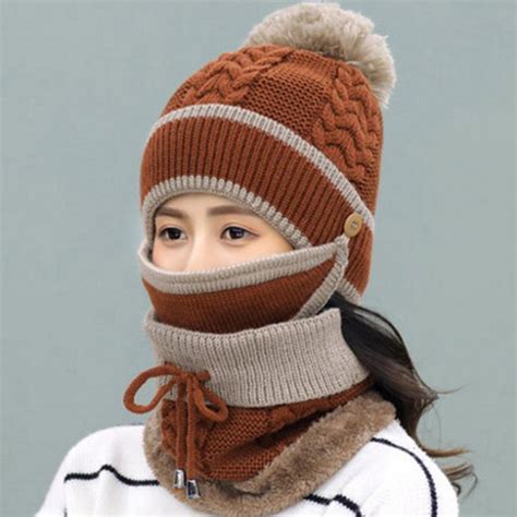 Cheap Winter Womens Hat Scarf Mask Set Knitted Ear Protect Hat Beanie