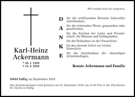 Traueranzeigen Von Karl Heinz Ackermann Rz Trauer De