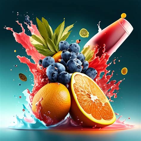 Realistic Fruits Juice Splash Burst Composition With Spray Images And Ripe Tropical Fruits On