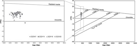 Plot of zircon εHf t vs U Pb age for the plutons from the study area