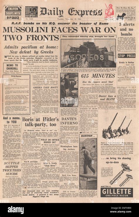 1940 World War Two World War 2 Newspaper Headline Hi Res Stock