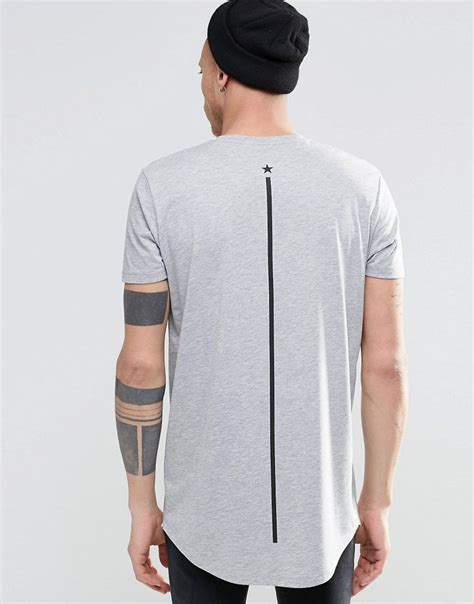 Asos Super Longline T Shirt With Curved Hem And Spine Print In Grey