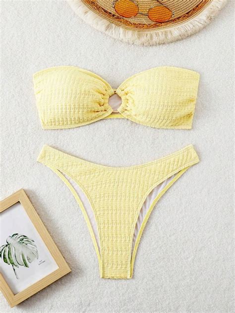 Swim Mod Women Summer Beach Solid Color Bandeau Circular Connected Sexy Bikini Swimwear Set