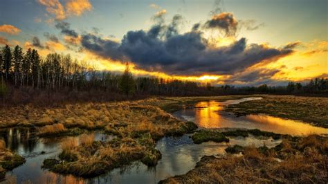 1920x1080 Sunset Stream Clouds Grass Water Coolwallpapers Me