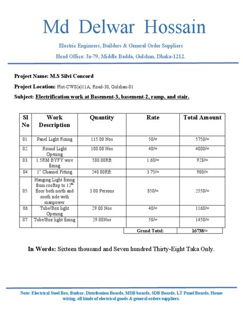 Md Delwar Hossain Sl No Work Description Quantity Rate Total Amount Pdf