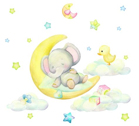 Premium Vector Cute Baby Elephant Sleeping On The Moon Against The