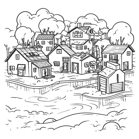 Small Town With Houses Coloring Page Outline Sketch Drawing Vector, House Drawing, Wing Drawing ...