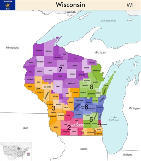 Wisconsin State Map With Counties Borders And Colored Congressional