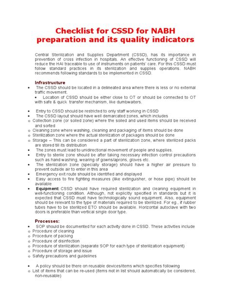 Checklist For Cssd For Nabh Preparation And Its Quality Indicators