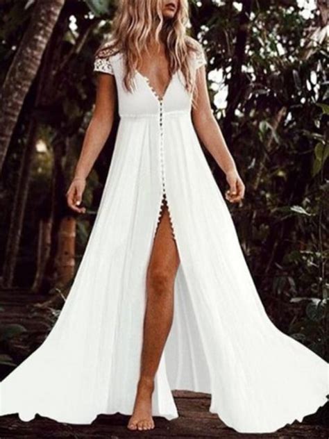 White Beach Flowy Deep V Neck Patchwork Ruffle Maxi Dresses Style