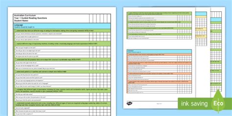 Year 1 Guided Reading Assessment Guidelines Checklist