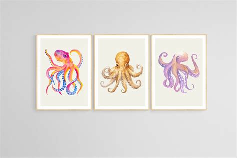 Octopus Art Prints Set of 3 Prints Watercolor Print Nautical Decor ...