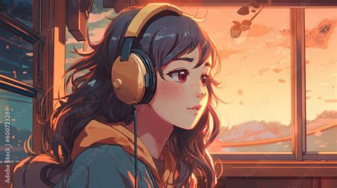 A serene and beautiful woman wearing headphones is portrayed in a lo-fi ...