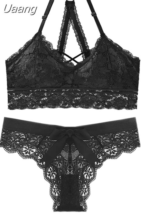 Uaang Set Sexy Lace Bra Thong Set Push Up Wireless Y Line Straps Women