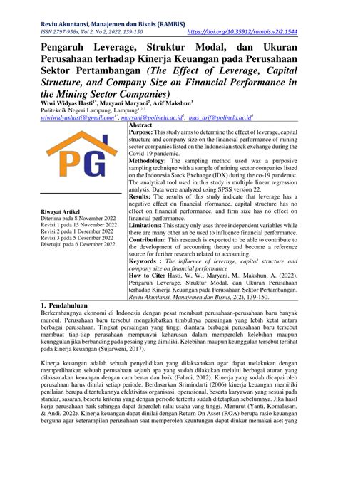 Pdf Pengaruh Leverage Struktur Modal Dan Ukuran Perusahaan Terhadap