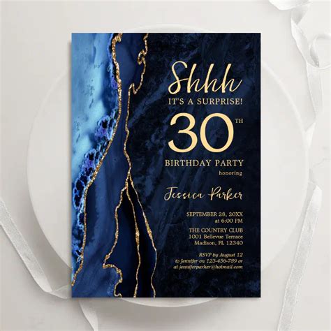 Navy Blue Gold Agate Surprise Th Birthday Invitation Zazzle